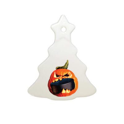 Halloween Hockey Pumpkin Eating A Puck Ceramic Tree Ornament