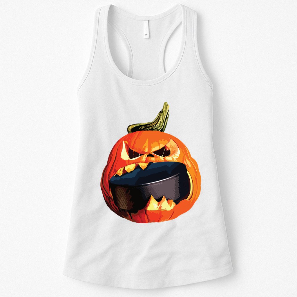 Halloween Hockey Pumpkin Eating A Puck Womens Tank Top