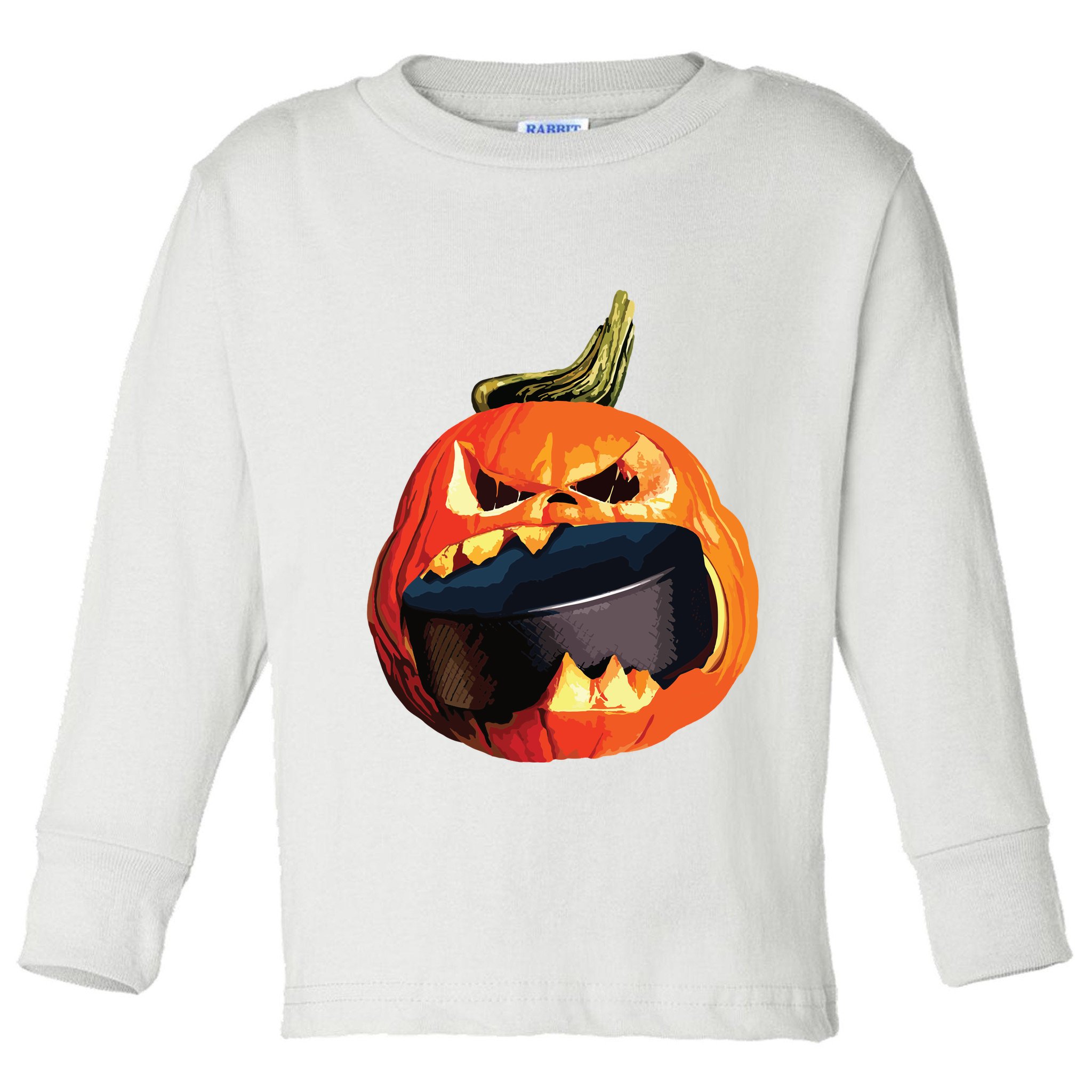 Halloween Hockey Pumpkin Eating A Puck Toddler Long Sleeve Shirt