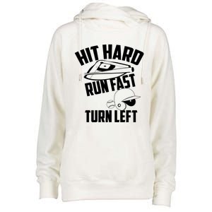 Hit Hard Run Fast Turn Left Baseball Softball Funny Fan Gift Womens Funnel Neck Pullover Hood