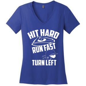 Hit Hard Run Fast Turn Left Baseball Softball Funny Fan Gift Women's V-Neck T-Shirt