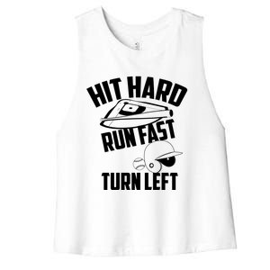 Hit Hard Run Fast Turn Left Baseball Softball Funny Fan Gift Women's Racerback Cropped Tank