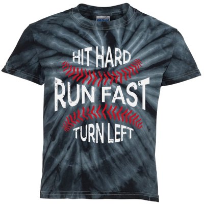 Hit Hard Run Fast Turn Left Funny Baseball Player Kids Tie-Dye T-Shirt