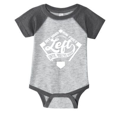 Hit Hard Run Fast Keep Turning Left Until Youre Home Baseball Infant Baby Jersey Bodysuit