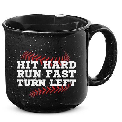 Hit Hard Run Fast Turn Left Funny Baseball Player & Fan 15oz Campfire Ceramic Mug