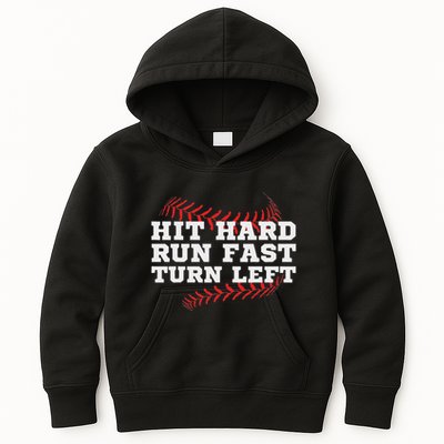 Hit Hard Run Fast Turn Left Funny Baseball Player & Fan Kids Hoodie