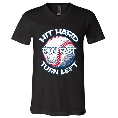 Hit Hard Run Fast Turn Left Baseball Softball Gifts Mom V-Neck T-Shirt