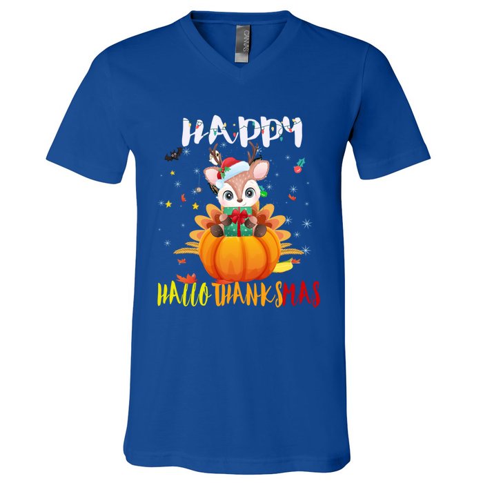 Happy Hallothanksmas Reindeer Halloween Thanksgivin Xmas Gift V-Neck T-Shirt