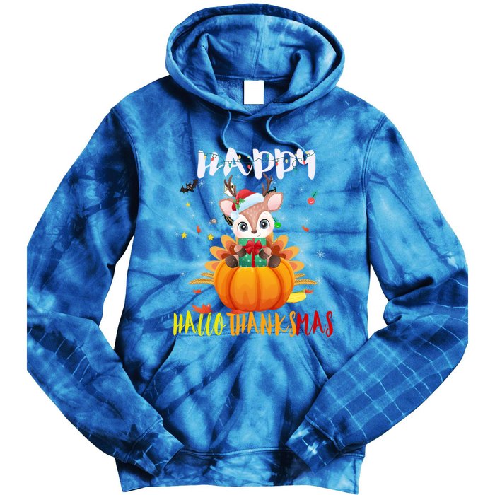 Happy Hallothanksmas Reindeer Halloween Thanksgivin Xmas Gift Tie Dye Hoodie