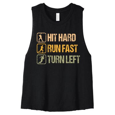 Hit Hard Run Fast Turn Left Design Baseball Lover Women's Racerback Cropped Tank