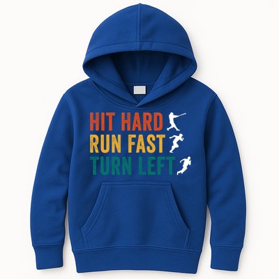 Hit Hard Run Fast Turn Left Funny Baseball Player And Fan Cool Gift Kids Hoodie