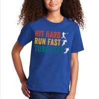 Hit Hard Run Fast Turn Left Funny Baseball Player And Fan Cool Gift Kids T-Shirt