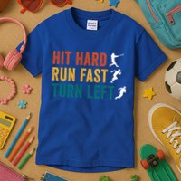 Hit Hard Run Fast Turn Left Funny Baseball Player And Fan Cool Gift Kids T-Shirt
