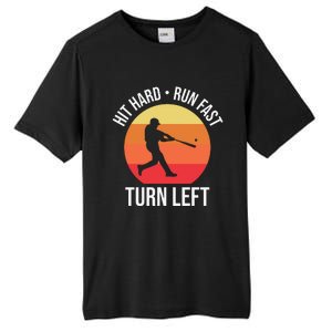 Hit Hard Run Fast Turn Left Funny Retro Sunset Silhouette Baseball Player Tall Fusion ChromaSoft Performance T-Shirt