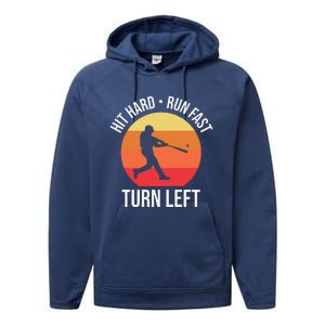 Hit Hard Run Fast Turn Left Funny Retro Sunset Silhouette Baseball Player Performance Fleece Hoodie