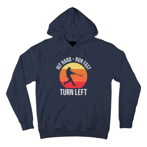 Hit Hard Run Fast Turn Left Funny Retro Sunset Silhouette Baseball Player Hoodie