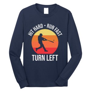 Hit Hard Run Fast Turn Left Funny Retro Sunset Silhouette Baseball Player Long Sleeve Shirt