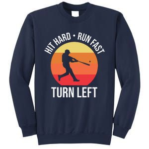 Hit Hard Run Fast Turn Left Funny Retro Sunset Silhouette Baseball Player Sweatshirt