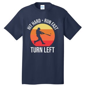 Hit Hard Run Fast Turn Left Funny Retro Sunset Silhouette Baseball Player Tall T-Shirt