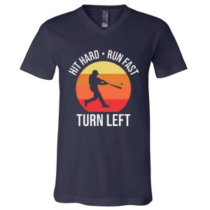 Hit Hard Run Fast Turn Left Funny Retro Sunset Silhouette Baseball Player V-Neck T-Shirt