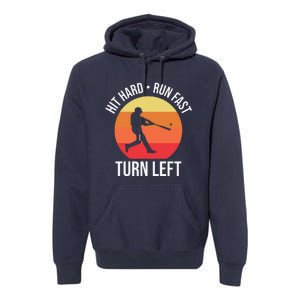 Hit Hard Run Fast Turn Left Funny Retro Sunset Silhouette Baseball Player Premium Hoodie