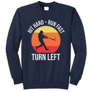 Hit Hard Run Fast Turn Left Funny Retro Sunset Silhouette Baseball Player Tall Sweatshirt