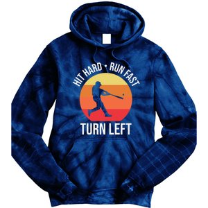 Hit Hard Run Fast Turn Left Funny Retro Sunset Silhouette Baseball Player Tie Dye Hoodie