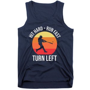 Hit Hard Run Fast Turn Left Funny Retro Sunset Silhouette Baseball Player Tank Top