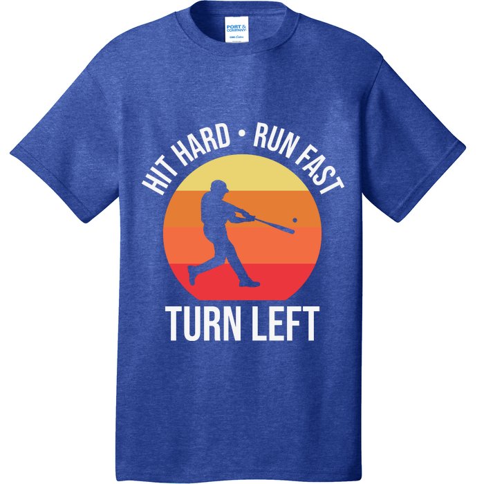 Hit Hard Run Fast Turn Left Funny Retro Sunset Silhouette Baseball Player T-Shirt