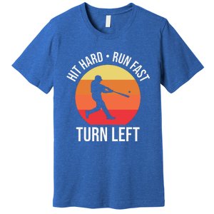 Hit Hard Run Fast Turn Left Funny Retro Sunset Silhouette Baseball Player Premium T-Shirt