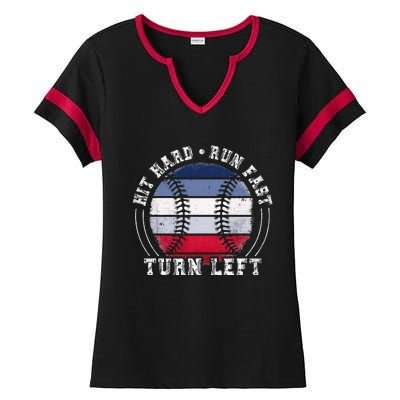 Hit Hard Run Fast Turn Left Baseball Player Ladies Halftime Notch Neck Tee