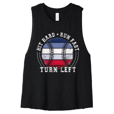 Hit Hard Run Fast Turn Left Baseball Player Women's Racerback Cropped Tank