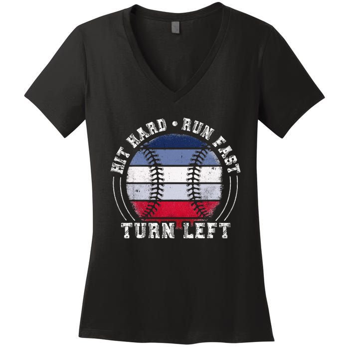 Hit Hard Run Fast Turn Left Baseball Player Women's V-Neck T-Shirt