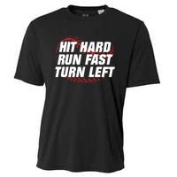 Hit Hard Run Fast Turn Left Funny Baseball Player & Fan Cooling Performance Crew T-Shirt