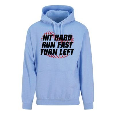 Hit Hard Run Fast Turn Left Funny Baseball Player & Fan Unisex Surf Hoodie