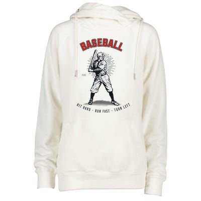 Hit Hard Run Fast Turn Left Funny Baseball Player & Fan Womens Funnel Neck Pullover Hood