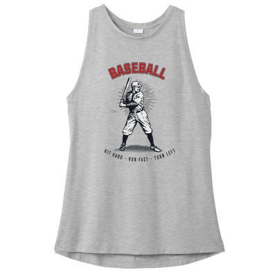 Hit Hard Run Fast Turn Left Funny Baseball Player & Fan Ladies PosiCharge Tri-Blend Wicking Tank