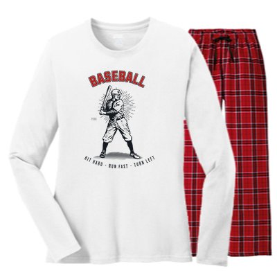 Hit Hard Run Fast Turn Left Funny Baseball Player & Fan Women's Long Sleeve Flannel Pajama Set 