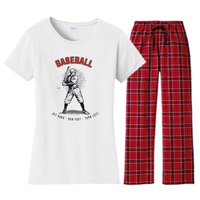 Hit Hard Run Fast Turn Left Funny Baseball Player & Fan Women's Flannel Pajama Set