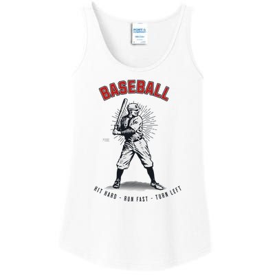 Hit Hard Run Fast Turn Left Funny Baseball Player & Fan Ladies Essential Tank