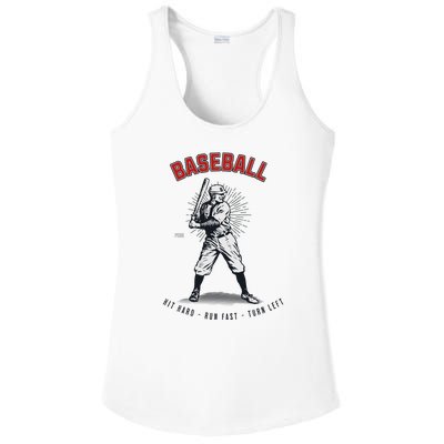 Hit Hard Run Fast Turn Left Funny Baseball Player & Fan Ladies PosiCharge Competitor Racerback Tank