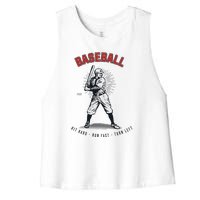 Hit Hard Run Fast Turn Left Funny Baseball Player & Fan Women's Racerback Cropped Tank