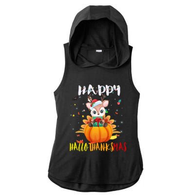 Happy Hallothanksmas Reindeer Halloween Thanksgivin Xmas Gift Ladies PosiCharge Tri-Blend Wicking Draft Hoodie Tank