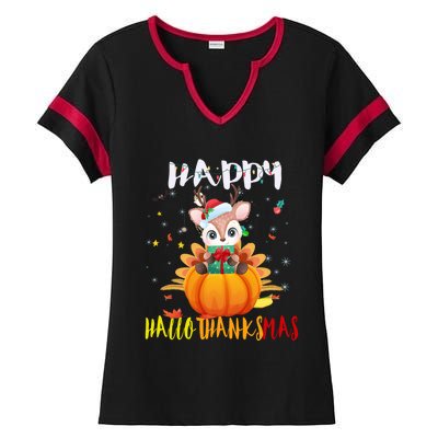 Happy Hallothanksmas Reindeer Halloween Thanksgivin Xmas Gift Ladies Halftime Notch Neck Tee