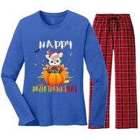 Happy Hallothanksmas Reindeer Halloween Thanksgivin Xmas Gift Women's Long Sleeve Flannel Pajama Set 