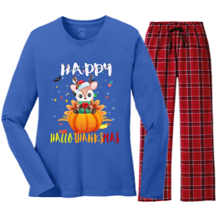 Happy Hallothanksmas Reindeer Halloween Thanksgivin Xmas Gift Women's Long Sleeve Flannel Pajama Set 