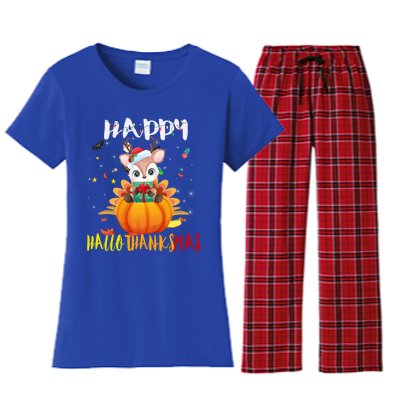 Happy Hallothanksmas Reindeer Halloween Thanksgivin Xmas Gift Women's Flannel Pajama Set