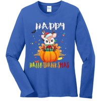 Happy Hallothanksmas Reindeer Halloween Thanksgivin Xmas Gift Ladies Long Sleeve Shirt