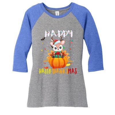 Happy Hallothanksmas Reindeer Halloween Thanksgivin Xmas Gift Women's Tri-Blend 3/4-Sleeve Raglan Shirt