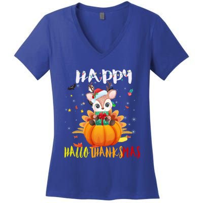 Happy Hallothanksmas Reindeer Halloween Thanksgivin Xmas Gift Women's V-Neck T-Shirt